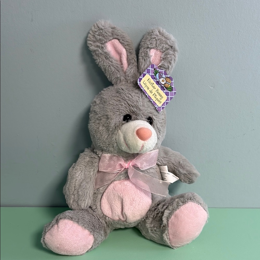 Easter Bunny Grey with Pink Bow Plush Stuffed Animal, Kids Holiday Plush Toy